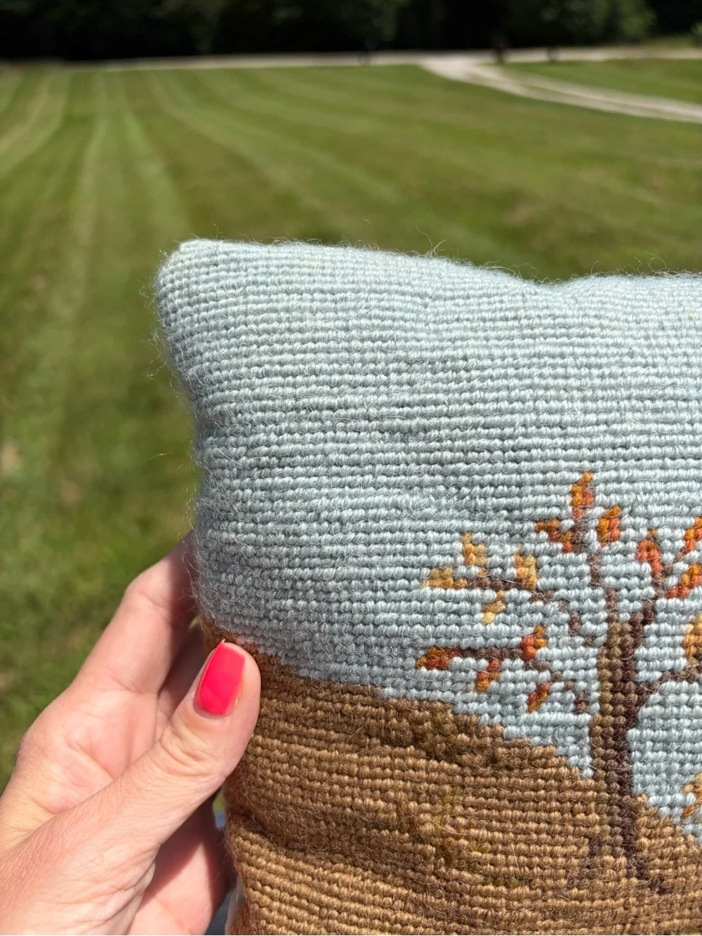Vintage Needlepoint Pillow House Landscape Decorative Small Velvet Cottagecore